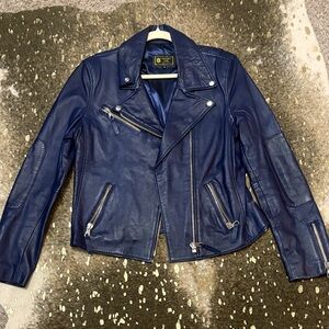 Fashion Cuir Blue Leather Biker Jacket Made in Morocco